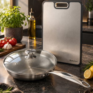 Barely Burn Kitchen Duo | Pure Titanium Frying Pan + 2-Sided Cutting Board